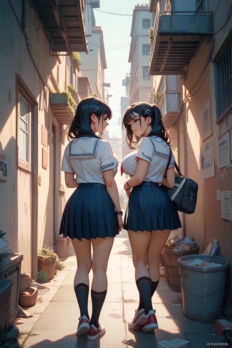 ((highest quality)), ((masterpiece)), (High resolution), 8K, best shadow, The best natural light, cinematic, climbing the stairs、3girls, Age 25, smiling, ((Rear view))、(Angle from directly below the rear), ((View from directly below))、(Skirts that turn over in strong winds:1.4), (Stylish thin satin panties), slender body, beautiful thighs, embarrassed look