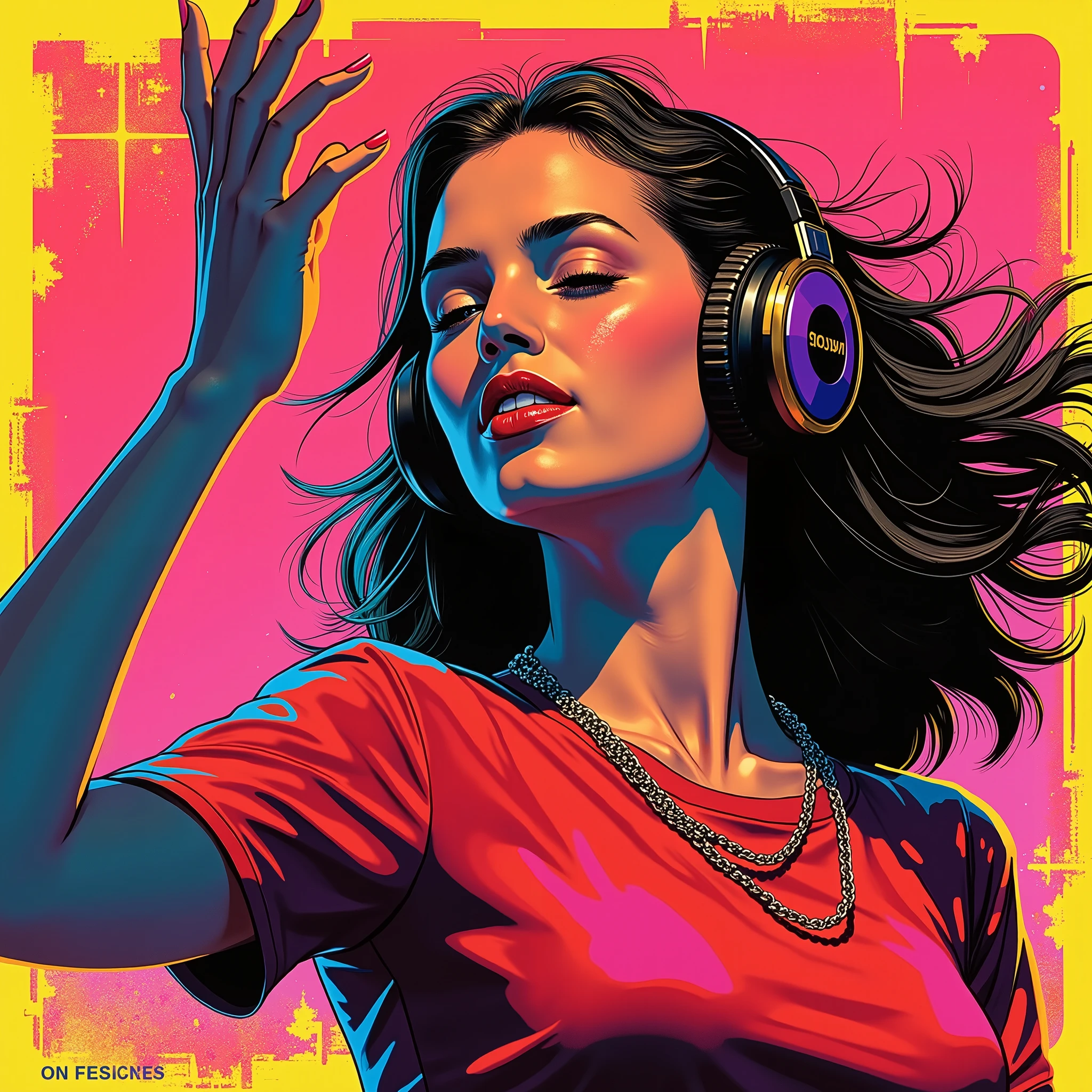 Bust of a young New Wave woman wearing headphone and dancing, She is enjoying the song, album cover image, and high contrast
