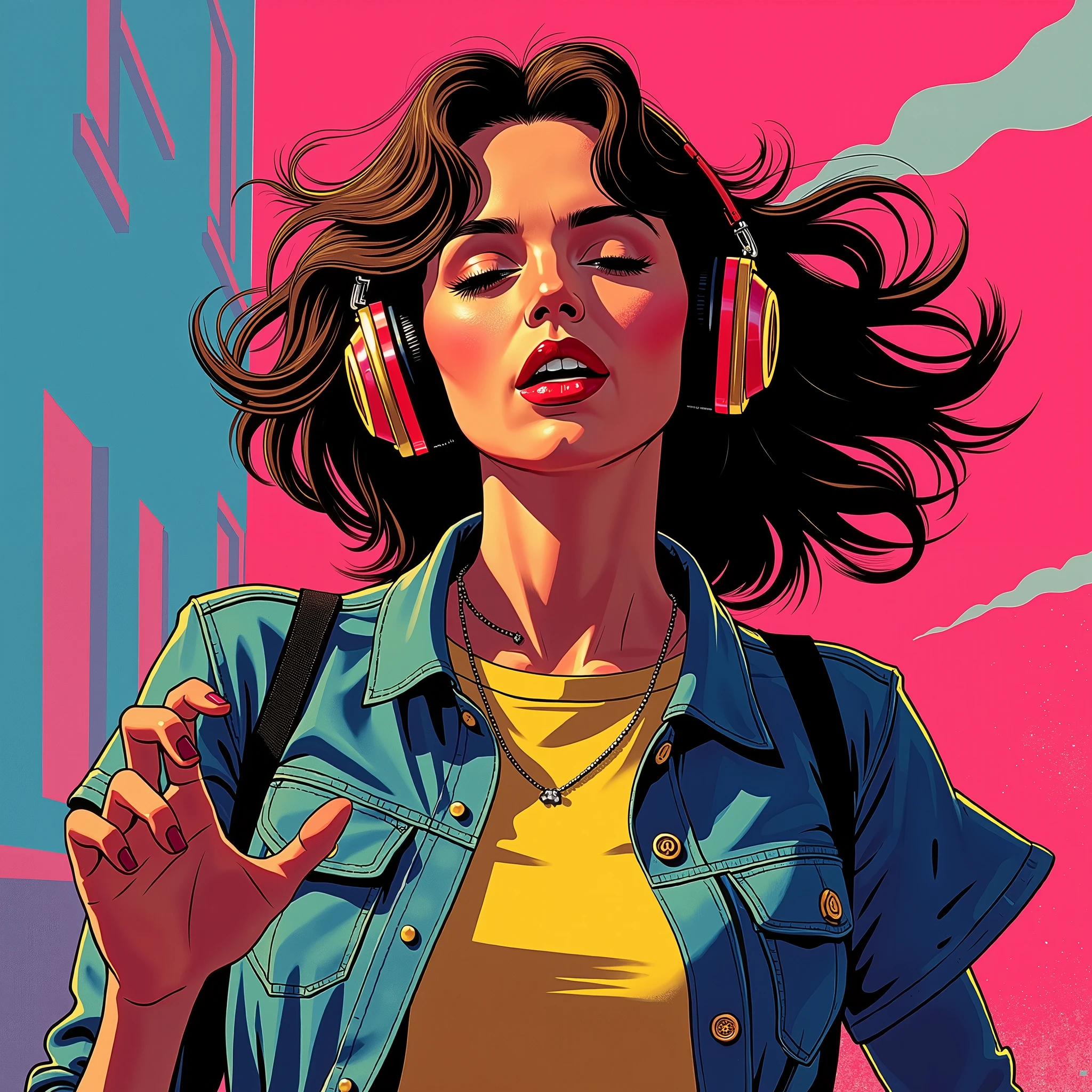 Bust of a young New Wave woman wearing headphone and dancing, She is enjoying the song, album cover image, and high contrast