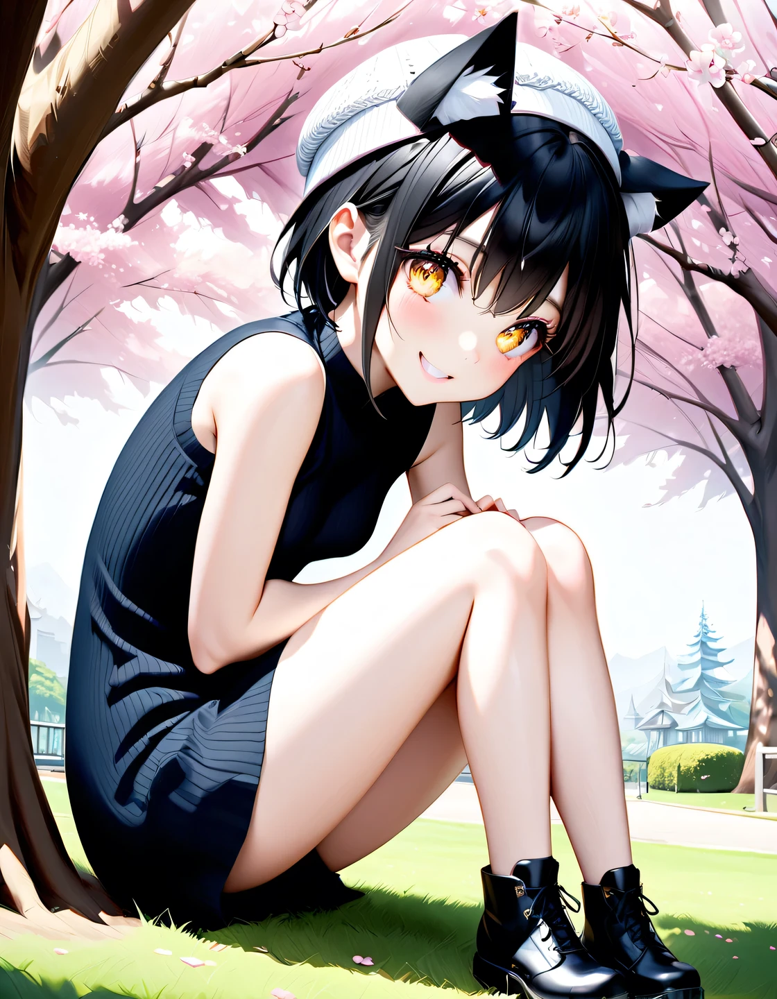 best quality, masterpiece, ultra high res, (Photorealistic:1.4), RAW photo, BREAK
((adult woman)),(((beautiful black hair,very short hair,White knitted hat with cat ears))),BREAK 1 Little Black Cat,
((cute smile)),((Sitting at the base of a large tree,knee dripping into the background)),BREAK
((long pupils like cats,Golden glowing eyes)),(fine eyes),( eye highlight),( beautiful detailed lashes:1.1),BREAK
(Black Mini Skirt Dress),BREAK
( Beautiful White Skin),詳細な肌, (Beautiful slim female figure),((small breasts)),BREAK
(((cherry blossoms in full bloom,A park with large cherry trees,Large cherry blossom tree))),BREAK