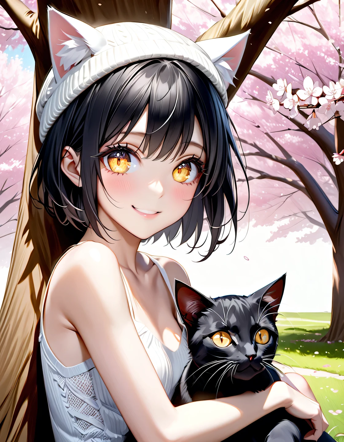 best quality, masterpiece, ultra high res, (Photorealistic:1.4), RAW photo, BREAK
((adult woman)),(((beautiful black hair,very short hair,White knitted hat with cat ears))),BREAK 1 Little Black Cat,
((cute smile)),((Sitting at the base of a large tree,knee dripping into the background)),BREAK
((long pupils like cats,Golden glowing eyes)),(fine eyes),( eye highlight),( beautiful detailed lashes:1.1),BREAK
(Black Mini Skirt Dress),BREAK
( Beautiful White Skin),詳細な肌, (Beautiful slim female figure),((small breasts)),BREAK
(((cherry blossoms in full bloom,A park with large cherry trees,Large cherry blossom tree))),BREAK