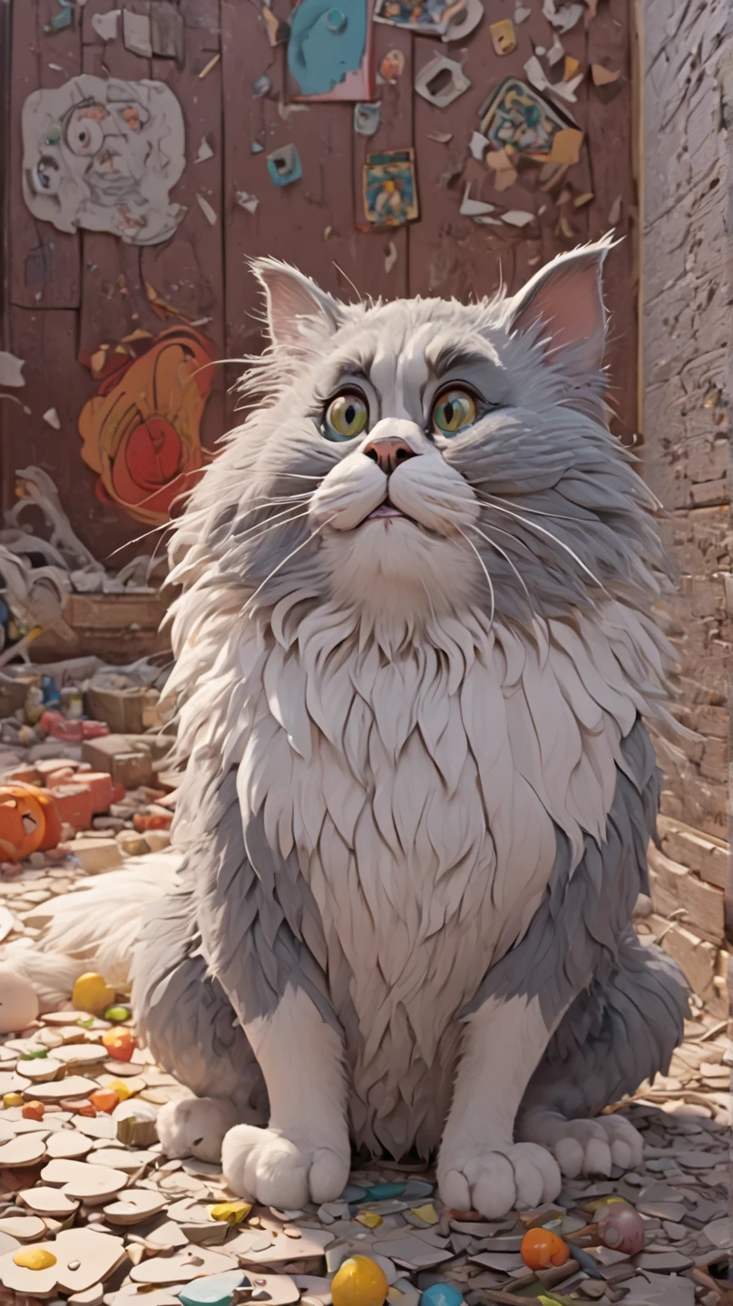 In individual Comic-Style: All in extreme 3D, in full body, all in extreme spirals, all in extreme fractals. The original Hippie Persian cat with beautiful big great eyes and a beautiful hippy comic face, in complete full body. Expressionist abstract masterpiece by Dali depicting a jumble of a Comic Persian cat bodies in a new and completely original way, perfect composition, highly detailed, overloaded, very emotional yet funny, best textured, layered, 8k, eyes, paws. Very Ultra Action painting, dramatic yet confident, in Picasso's and Peter Gric's art in a mix, all in 3D, all in hyper-rendering, all in 1× zoom out in 3D in 3K, masterpiece, ray tracing, illustration, Ghibli-style colors, pixel richness, ultra best pop art, Unreal Engine, ultra funny, Filmische Beleuchtungseffekte, Film, Op-Art,