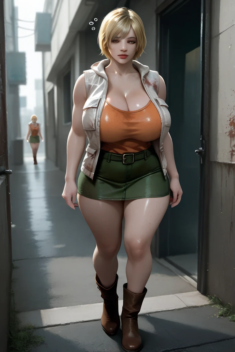 Scarlett Johansson, masterpiece quality, (masterpiece quality:1.9), realistic, solo, one girl, the wearing cargo pants, wearing white crop top, short haircut, Mayan ruins in background, jungle in background, big boobs, (big boobs:1.5), chubby belly, (chubby belly:1.2), cleavage,