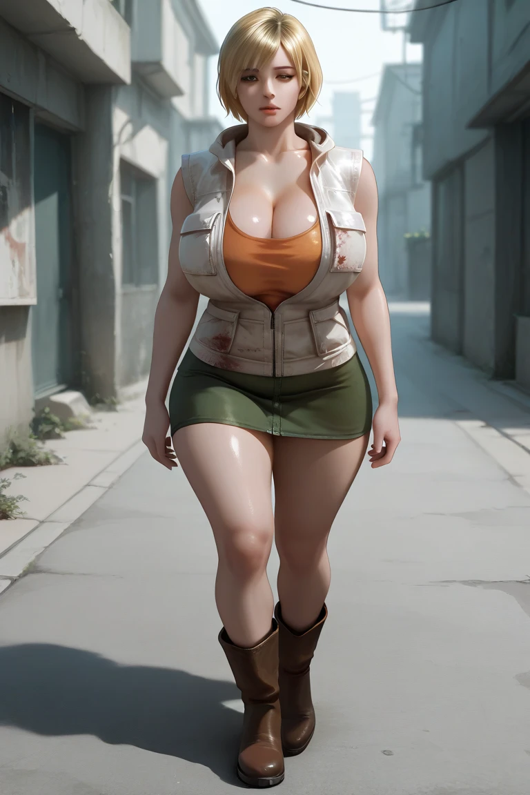 The image of a beautiful 18-year-old girl, tall with short red colored hair and light blue eyes and with freckles on her face, wearing a big green shorts, only bra covering breasts and black colored sneakers, she has a thinner body and huge breasts, huge and exaggerated breasts, she is sweaty and wet,  She's walking quietly in the bustling futuristic city during the sunny day.