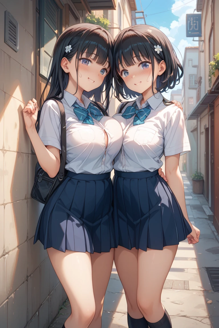 (NSFW:1.4), masterpiece, (realistic, photo realistic:1.2), ((highest quality), extremely fine and beautiful, beautiful face details, real human skin, realistic, photorealistic, 2girls, smile on face, cow-boy shot, Hair braided. School uniforms, shirt with collar, necktie, huge long breasts, tiny breasts, Naughty thighs, White shirt, (Open shirt:1.2), White underwear,, (wind, wind lift., Skirt lifted by the wind, Skirt rolled up by the wind, Skirt flutters:1.5), (Fully exposed panties:1.5), (white ribbed panties:1.5)