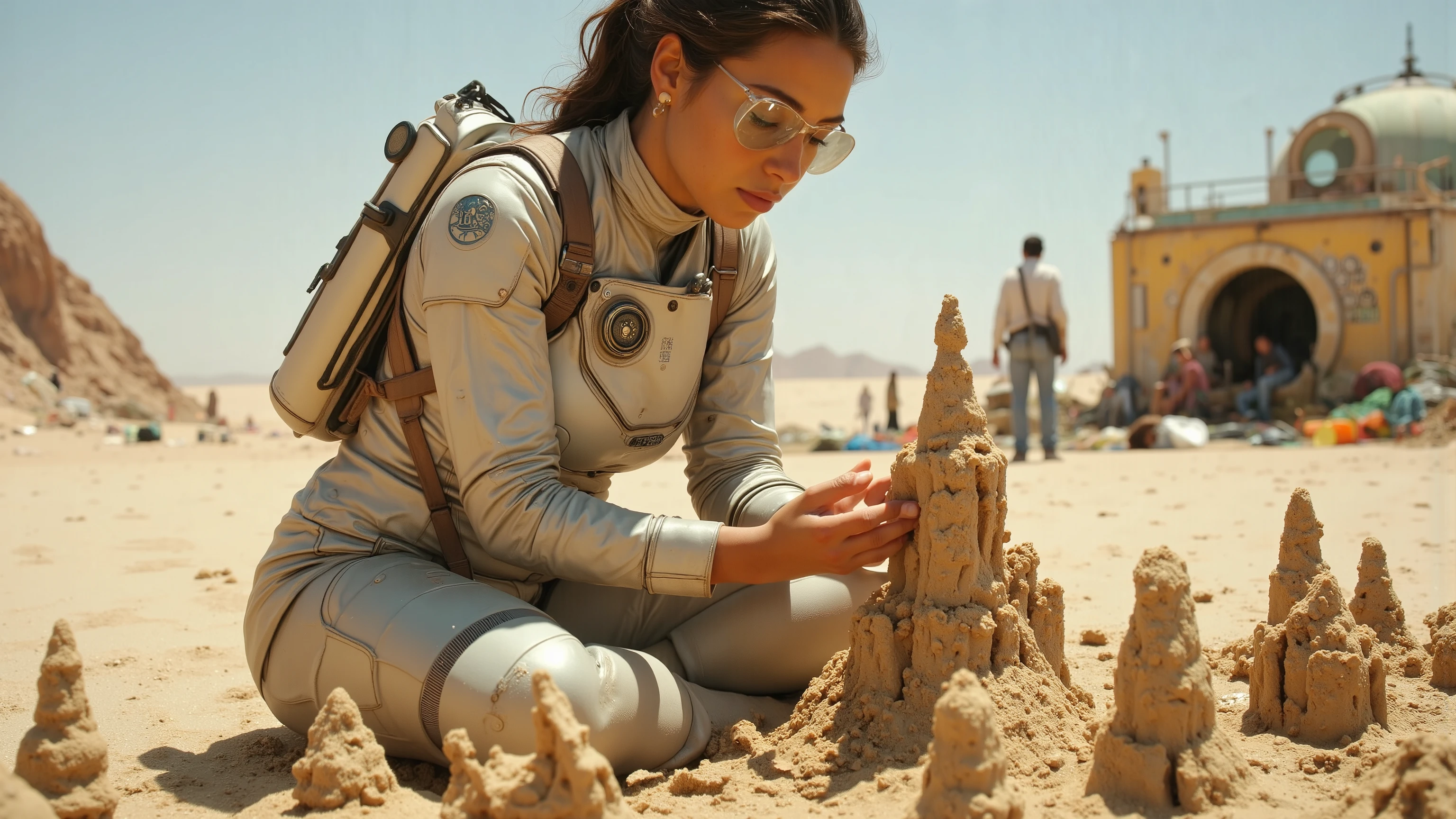 A young woman in a futuristic space suit, kneeling on a sandy planet, building intricate sandcastles with a serene expression. The scene is framed mid-shot, with the vast, barren landscape of the planet in the background. Soft, diffused lighting highlights the details of her suit and the sandcastles. The composition centers on her hands as she carefully shapes the sand, with a sense of tranquility and focus. extremely detailed realistic natural skin with skin pores, perfect face, highly detailed face and lips well-defined edges, ray tracing, UHD, HDR, 16k, DSLR, masterpiece, photorealistic, award-winning