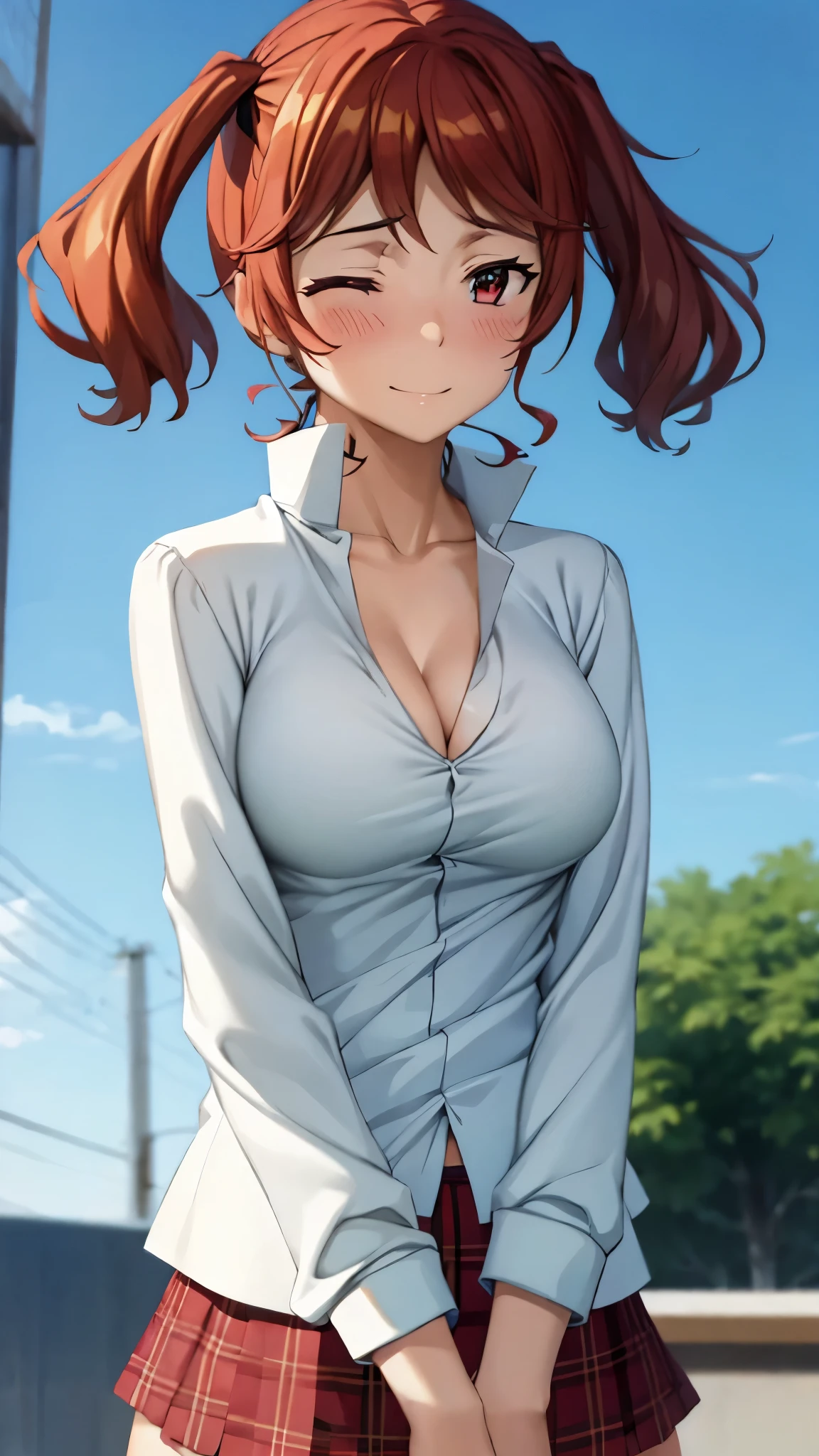 1 girl, standing alone, Grinning, breasts big, average ass, hands, braided ponytail, surrounded eyes, wet collared shirt, black necktie, spreading your legs open, arms raised to the back, May, facing the front, at beach, cinematic lighting, detailded.