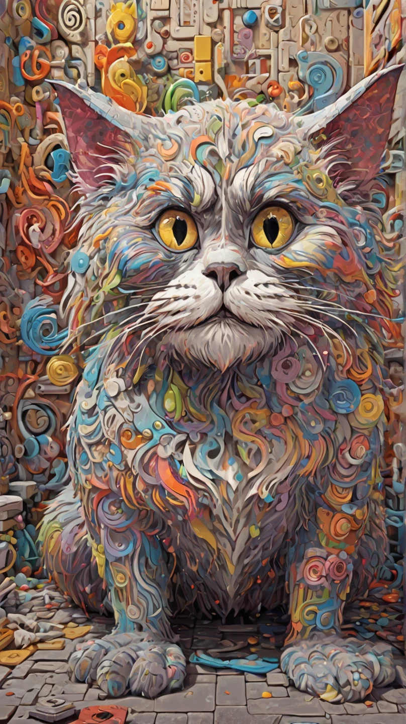 In individual Comic-Style: All in extreme 3D, in full body, all in extreme spirals, all in extreme fractals. The original Hippie Persian cat with beautiful big great eyes and a beautiful hippy comic face, in complete full body. Expressionist abstract masterpiece by Dali depicting a jumble of a Comic Persian cat bodies in a new and completely original way, perfect composition, highly detailed, overloaded, very emotional yet funny, best textured, layered, 8k, eyes, paws. Very Ultra Action painting, dramatic yet confident, in Picasso's and Peter Gric's art in a mix, all in 3D, all in hyper-rendering, all in 1× zoom out in 3D in 3K, masterpiece, ray tracing, illustration, Ghibli-style colors, pixel richness, ultra best pop art, Unreal Engine, ultra funny, Filmische Beleuchtungseffekte, Film, Op-Art,