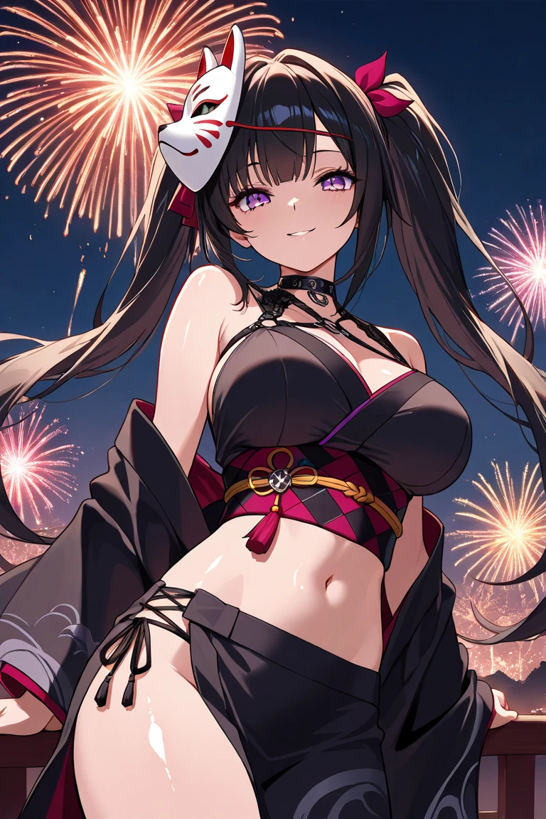 "anime girl, 1 person, black hair, shoulder length hair, red eyes, glasses, white horns, wearing kimono, kimono outfit, black kimono with red patterns, details, big breasts, long stockings, sinister smile  , small black wings on the back, solo, viewed from different directions, festival, New Year's Eve, New Year's Eve fireworks, watching fireworks (sharp image)"