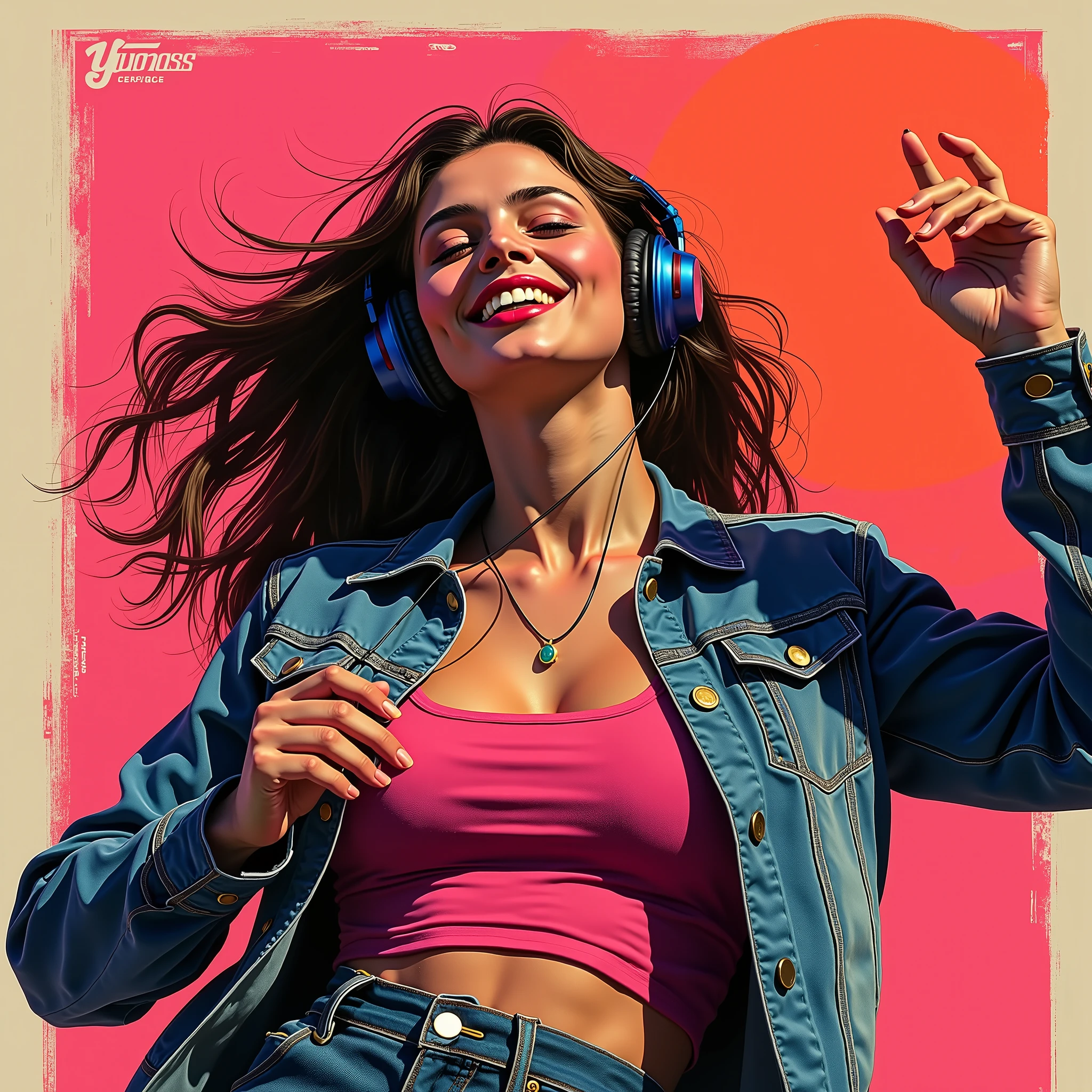 Bust of a young New Wave woman wearing headphone and dancing, She is enjoying the song, album cover image, and high contrast