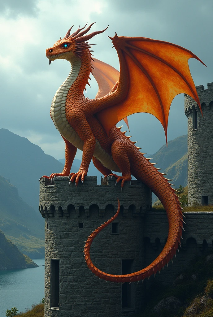 Giant dragon flying over old castle, sunset, high quality, natural and realistic photo, fantastic