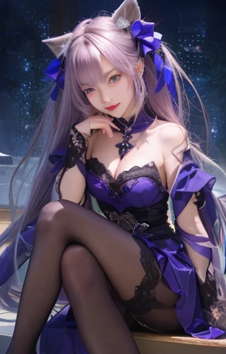 The upper part of the body、女の子1人、Silvery hair、Bun hair、Large breasts、mansion、Purple Eye、Idol Uniform、bow ribbon、magical little girl、 knifes、、flute、Japan anime-style odd eye spell, I see the moon