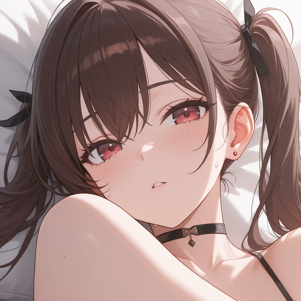 ((highest quality, masterpiece)),milf、ahegao、cute、hands behind head、raise both arms、(nose hook、、red lace lingerie)、Splashing Sweat、、blush:1.3), ((mature woman:1.5、、dark brown hair、long hair、curly hair、brown eyes), on the bed、Hotel