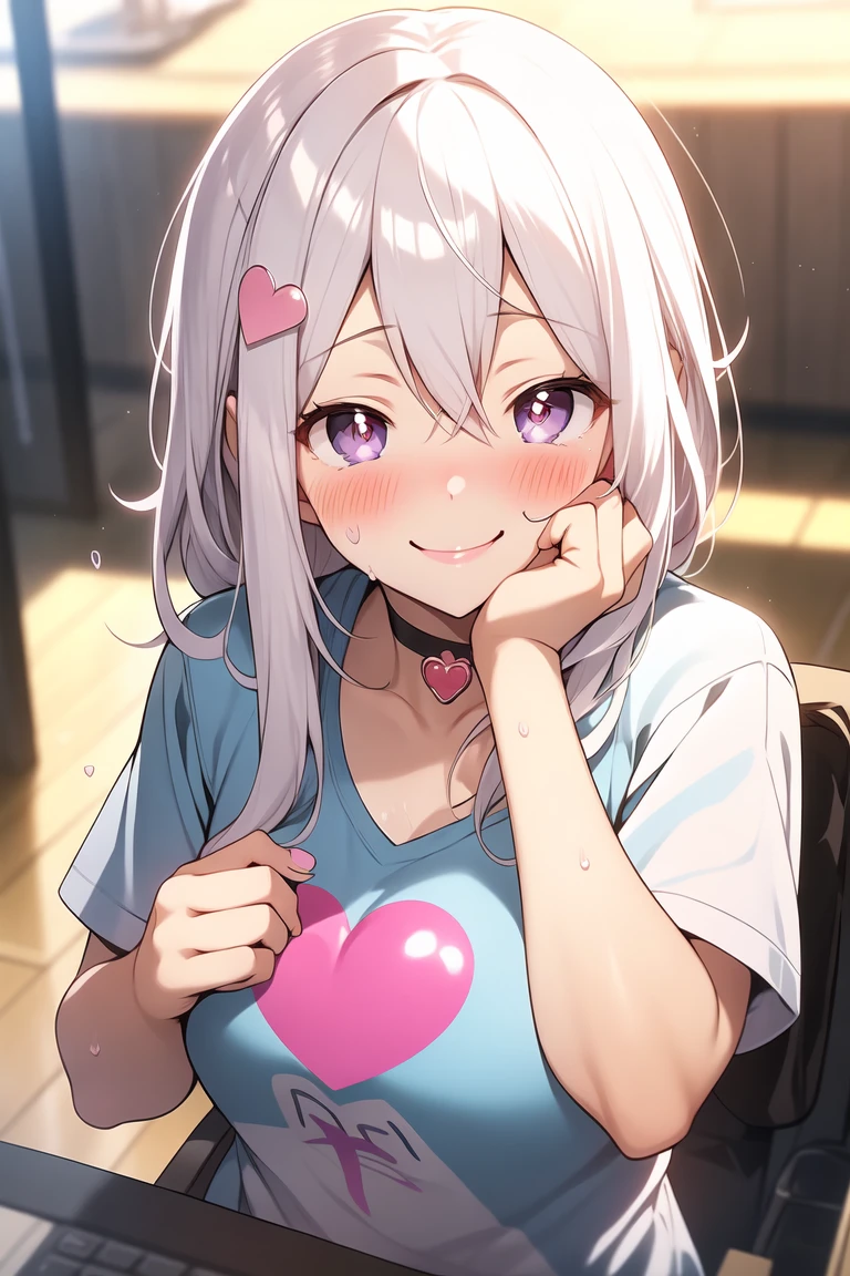 1girl,heart-shaped pupils,Nails,hands on own face,white hair,Purple eyes,(blushing:1.1),Choker,upper body,shaking,sweating,bead of sweat,heart,(speed lines:1.1) ),medium breasts, ((heavy breath:1.3)), love, heart, top cut, Happy, smile