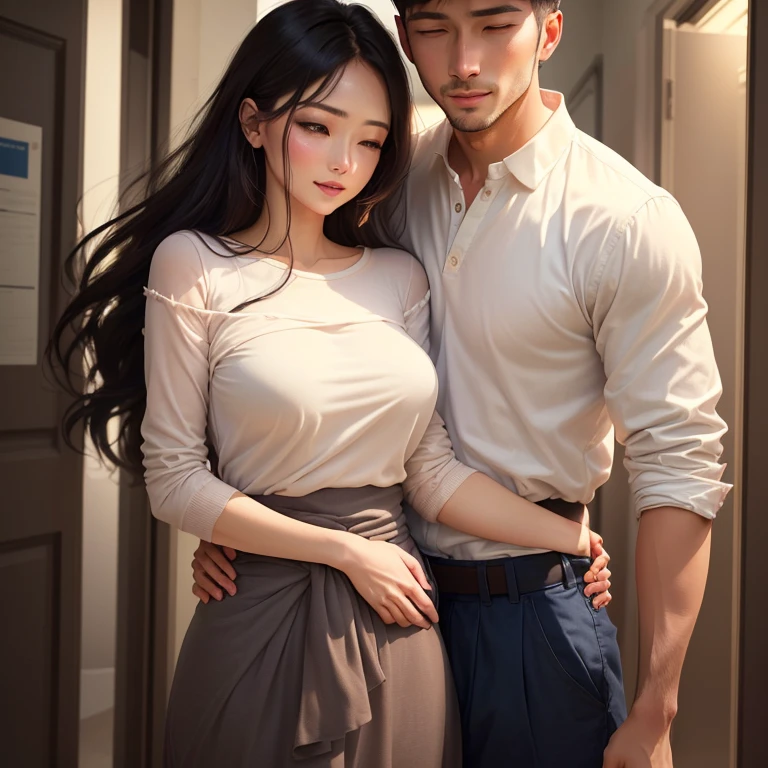Man and woman in love、Cheating young wife、Super detailed、Particles of light:0.5、Shiny and smooth skin texture、Beautiful clear eyes、Having sex with a guy in the kitchen、Natural Texture、Short Hair、、Mature slender beauty、Small breasts、Dignified face、Boyfriend Shirt、Open-neck long shirt、Touching the inner thighs