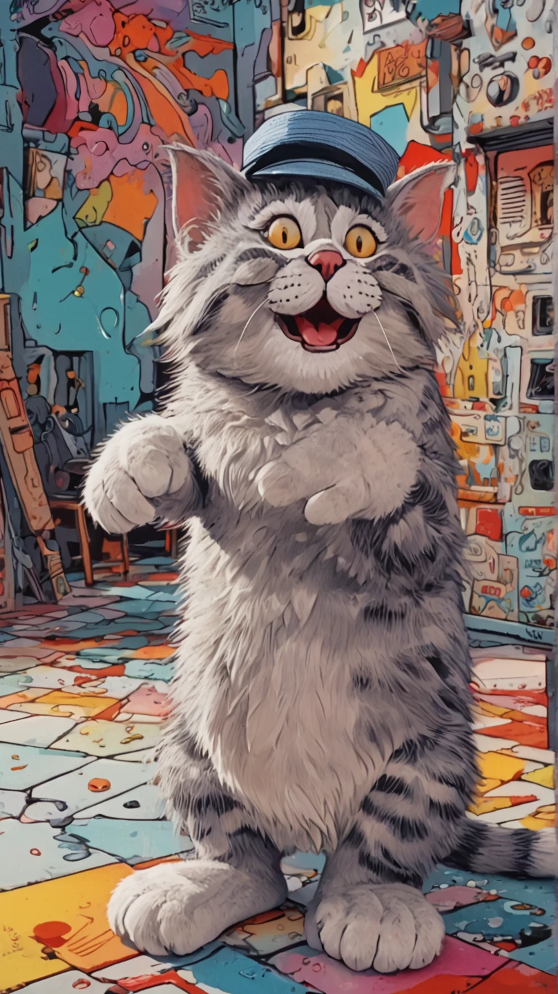 In individual Comic-Style: All in extreme 3D, in full body, all in extreme spirals, all in extreme fractals. The original Hippie Persian cat with beautiful big great eyes and a beautiful hippy comic face, in complete full body. Expressionist abstract masterpiece by Dali depicting a jumble of a Comic Persian cat bodies in a new and completely original way, perfect composition, highly detailed, overloaded, very emotional yet funny, best textured, layered, 8k, eyes, paws. Very Ultra Action painting, dramatic yet confident, in Picasso's and Peter Gric's art in a mix, all in 3D, all in hyper-rendering, all in 1× zoom out in 3D in 3K, masterpiece, ray tracing, illustration, Ghibli-style colors, pixel richness, ultra best pop art, Unreal Engine, ultra funny, Filmische Beleuchtungseffekte, Film, Op-Art,