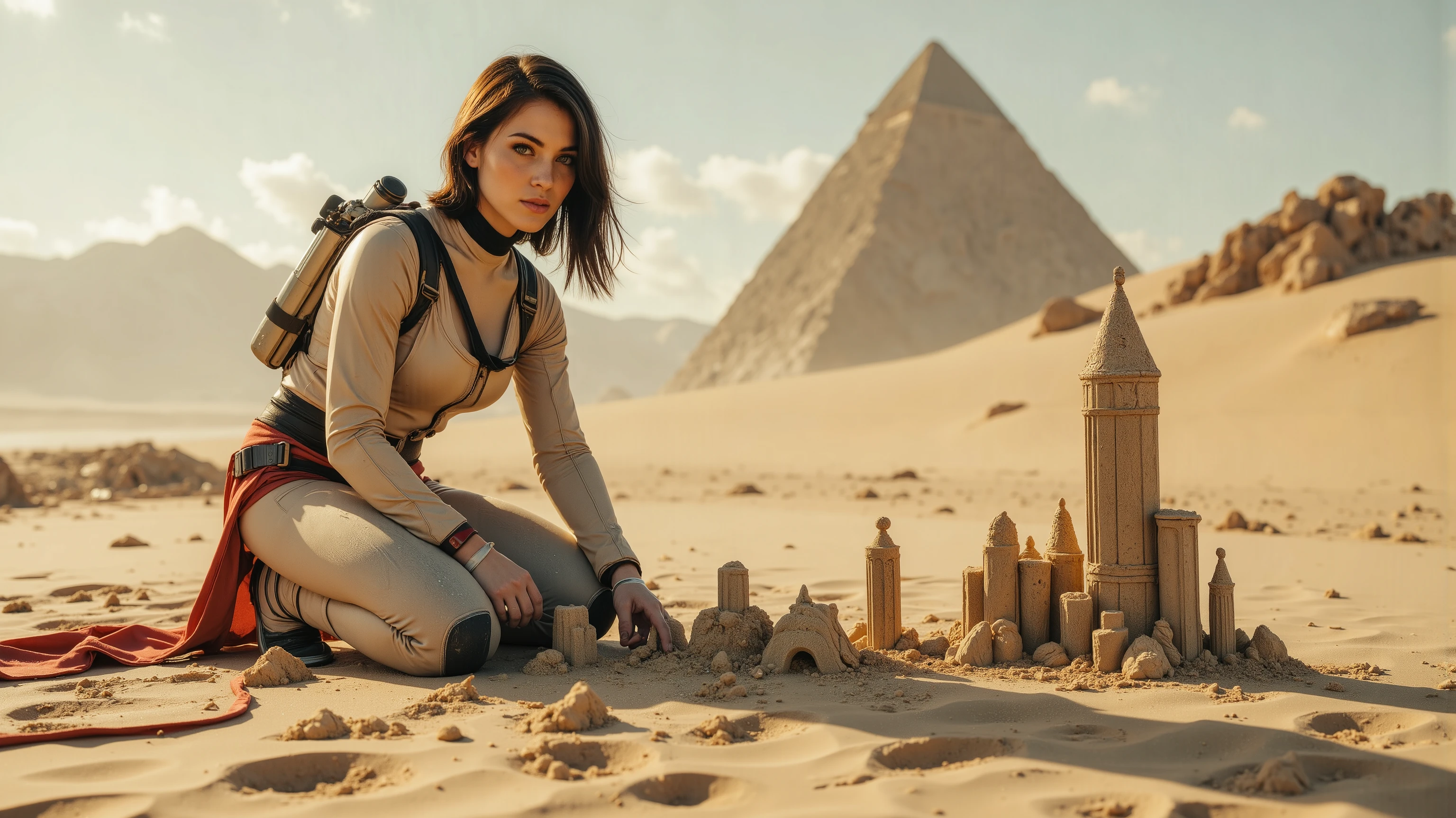 A young woman in a futuristic space suit, kneeling on a sandy planet, building intricate sandcastles with a serene expression. The scene is framed mid-shot, with the vast, barren landscape of the planet in the background. Soft, diffused lighting highlights the details of her suit and the sandcastles. The composition centers on her hands as she carefully shapes the sand, with a sense of tranquility and focus. extremely detailed realistic natural skin with skin pores, perfect face, highly detailed face and lips, ray tracing, UHD, HDR, 16k, DSLR, masterpiece, photorealistic, award-winning