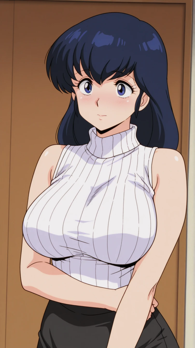 Mother in change room by herself, 1990s anime cels style, 1990s manga style, best quality, high resolution, locker room, one girl, white swimsuit, (huge breasts:1.2), Beautiful face, happy, smile, closed mouth, mature female, long hair, black hair, ribbon, from front, looking at viewer,
