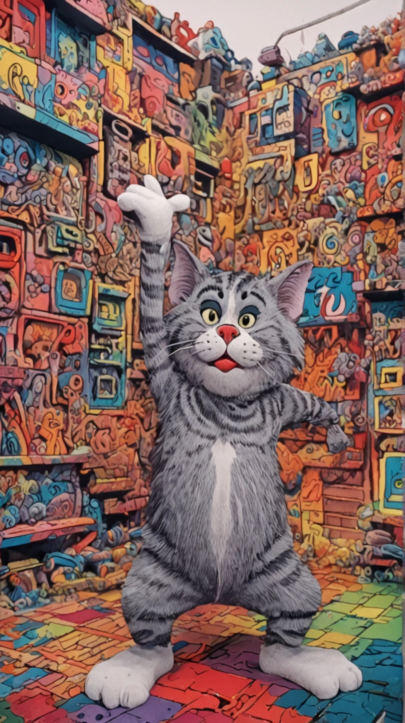 In individual Comic-Style: All in extreme 3D, in full body, all in extreme spirals, all in extreme fractals. The original Hippie Persian cat with beautiful big great eyes and a beautiful hippy comic face, in complete full body. Expressionist abstract masterpiece by Dali depicting a jumble of a Comic Persian cat bodies in a new and completely original way, perfect composition, highly detailed, overloaded, very emotional yet funny, best textured, layered, 8k, eyes, paws. Very Ultra Action painting, dramatic yet confident, in Picasso's and Peter Gric's art in a mix, all in 3D, all in hyper-rendering, all in 1× zoom out in 3D in 3K, masterpiece, ray tracing, illustration, Ghibli-style colors, pixel richness, ultra best pop art, Unreal Engine, ultra funny, Filmische Beleuchtungseffekte, Film, Op-Art,