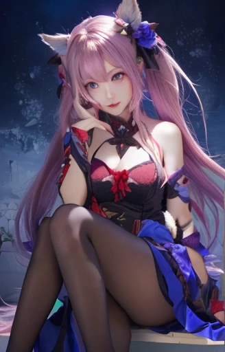 Masterpiece, Best quality, In winter, Snow, Cityscape, Realistic, Real, Huge_filesize, the wallpaper, Gradient_Background, Japanese, Girl, Long hair, Purple hair, Wavy hair, hair stick, heart-shaped hair ornament, fake smile, Medium breasts, shift dresses, No bra, Lace, nipple tweak_thigh high,