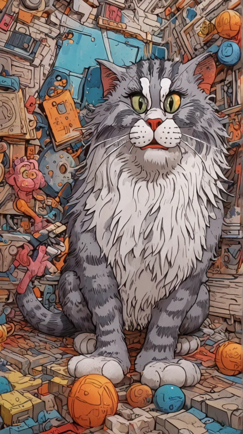In individual Comic-Style: All in extreme 3D, in full body, all in extreme spirals, all in extreme fractals. The original Hippie Persian cat with beautiful big great eyes and a beautiful hippy comic face, in complete full body. Expressionist abstract masterpiece by Dali depicting a jumble of a Comic Persian cat bodies in a new and completely original way, perfect composition, highly detailed, overloaded, very emotional yet funny, best textured, layered, 8k, eyes, paws. Very Ultra Action painting, dramatic yet confident, in Picasso's and Peter Gric's art in a mix, all in 3D, all in hyper-rendering, all in 1× zoom out in 3D in 3K, masterpiece, ray tracing, illustration, Ghibli-style colors, pixel richness, ultra best pop art, Unreal Engine, ultra funny, Filmische Beleuchtungseffekte, Film, Op-Art,
