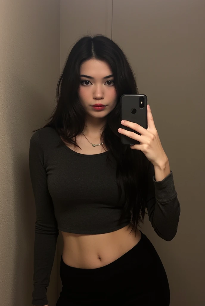 A selfie of a girl with long black hair wearing a dark blue crop top