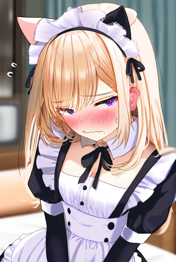 ((masterpiece,best quality)),high resolution,ultra detailed,8k,16k,detailed background,perfect lighting,detailed beautiful eyes, 1girl,solo,embarrassed,blush,show off nipple,steam,sweat,breath,saliva trail, (naughty smile,cum in mouth:1.2)(screaming,oral:1.4),ahegao,(from above, from front:1.4),portrait,seductive eyes,be breathless,fisheye lens,stick tongue out,kneeling,kirara,blond hair,green eyes,medium breast,kawaii,classroom,maid,cat ear,anime style