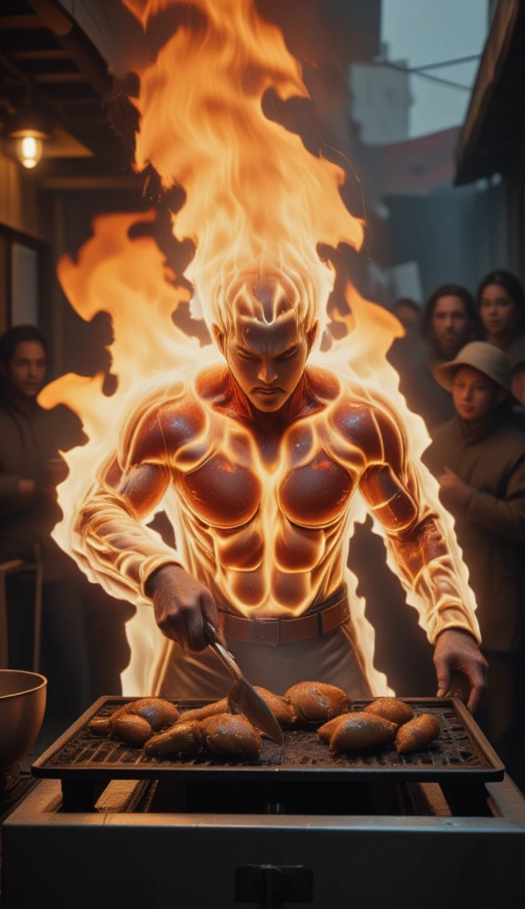 masterpiece, Top quality, 16k uhd, Stand, 1 male fire genasi with orange skin, Fire Wizard, no top, Free upper body, Six-pack muscles, muscular physique, elegant black trousers, fiery burning flame hair, Fire Mage, a swirling fireball hovers above his left hand, Magical setting, Confident Pose, devilish smile. highly detailed facial and skin texture, detailled eyes, square eyebrows, Amber eyes with sparks, fine facial features, chiseled jawline, Shiny orange skin with smoky undertones