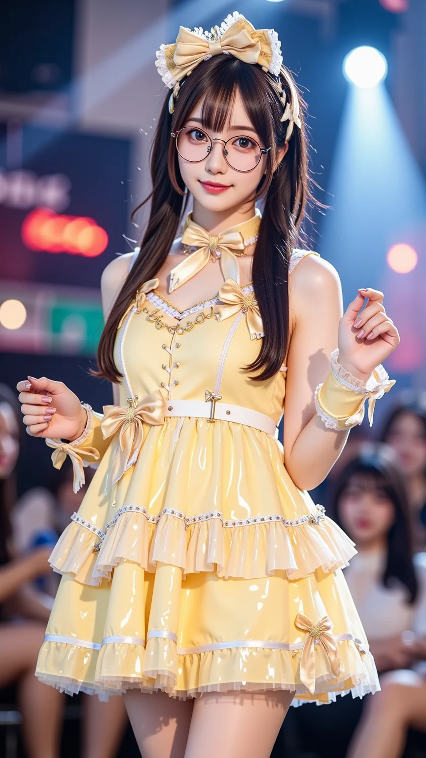 ((masterpiece、highest quality))、shape、Ultra detailed 8K、realistic、sharp focus、very detailed、professional lighting、colorful details、detailed face、detailed facial expressions、Euphoric look、((Precise finger drawing))、((smile))、((sweating))、((Lolita costumes:1.55))、pink and light purple、ribbon、headband、super cute woman、Part of an idol group、(((Jumping at the concert:1.5)))、Hair is moving、looking at the camera、Spotlight、18-year-old、shine、intricate details、Shitsumeka、1 A girl is in front of the audience.、belly button、