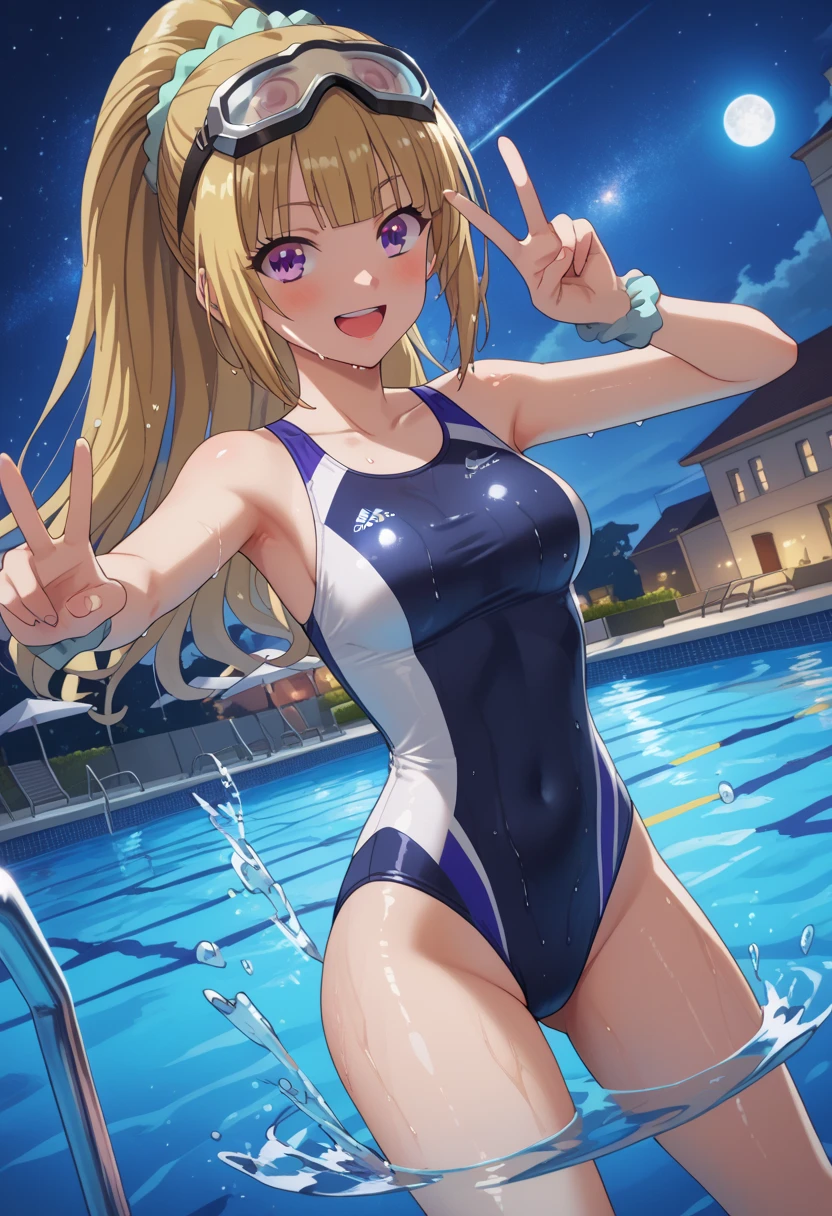 {{{masterpiece}}}, {{{best quality}}}, {{ultra-detailed}}, {illustration}, {{an extremely delicate and beautiful}}, (beautiful detailed eyes:1.6), extremely detailed face, 8k, anime face, BREAK,1gril, ruby hoshino(Oshi no Ko), cute face, (blonde hair:1.5), long hair, bangs, multicolored hair, two-tone hair, side ponytail, sidelocks, (pink eyes:1.5), (Star pupil in left eye:1.5), (Pink right eye:1.5), medium breasts, thin waist, big hips, curvaceous, BREAK, one-piece swimsuit,(gris swimsuit:1.3), strap slip, swimsuit aside, blush, bare arms, wet, pool, embarrassed, surprised face, flushed cheeks, thighs, covering with one hand, bare arms, cowboy shot, standing, outdoor, sky, daytime, Dutch angle