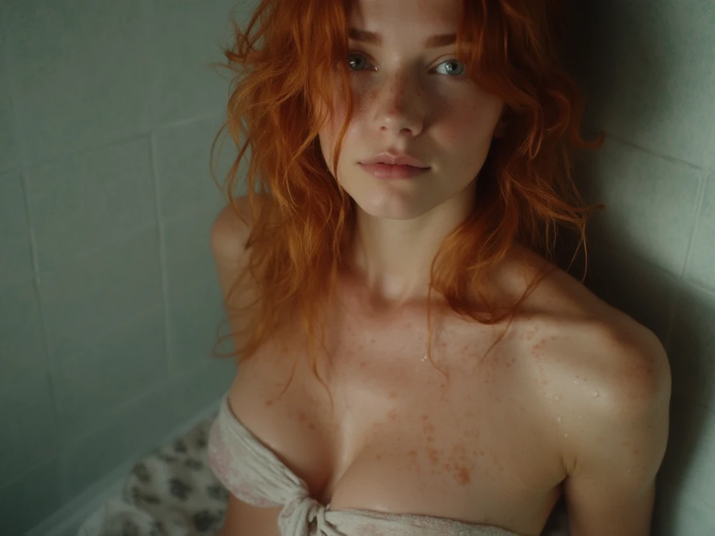 Photography full body portrait of a very beautiful realistic girl, In the shower, porcelain skin, very light skin, very pale skin, redhead, wavy, open hair, Detail of skin structure, hazel eyes, Slit eyes, small-nose, small nostril, think of arched eyebrows, thick lower lip, happy face, seductive glance, unique face, foto realista, Masterpiece Image, sharp image, clear daylight, Wear underwear