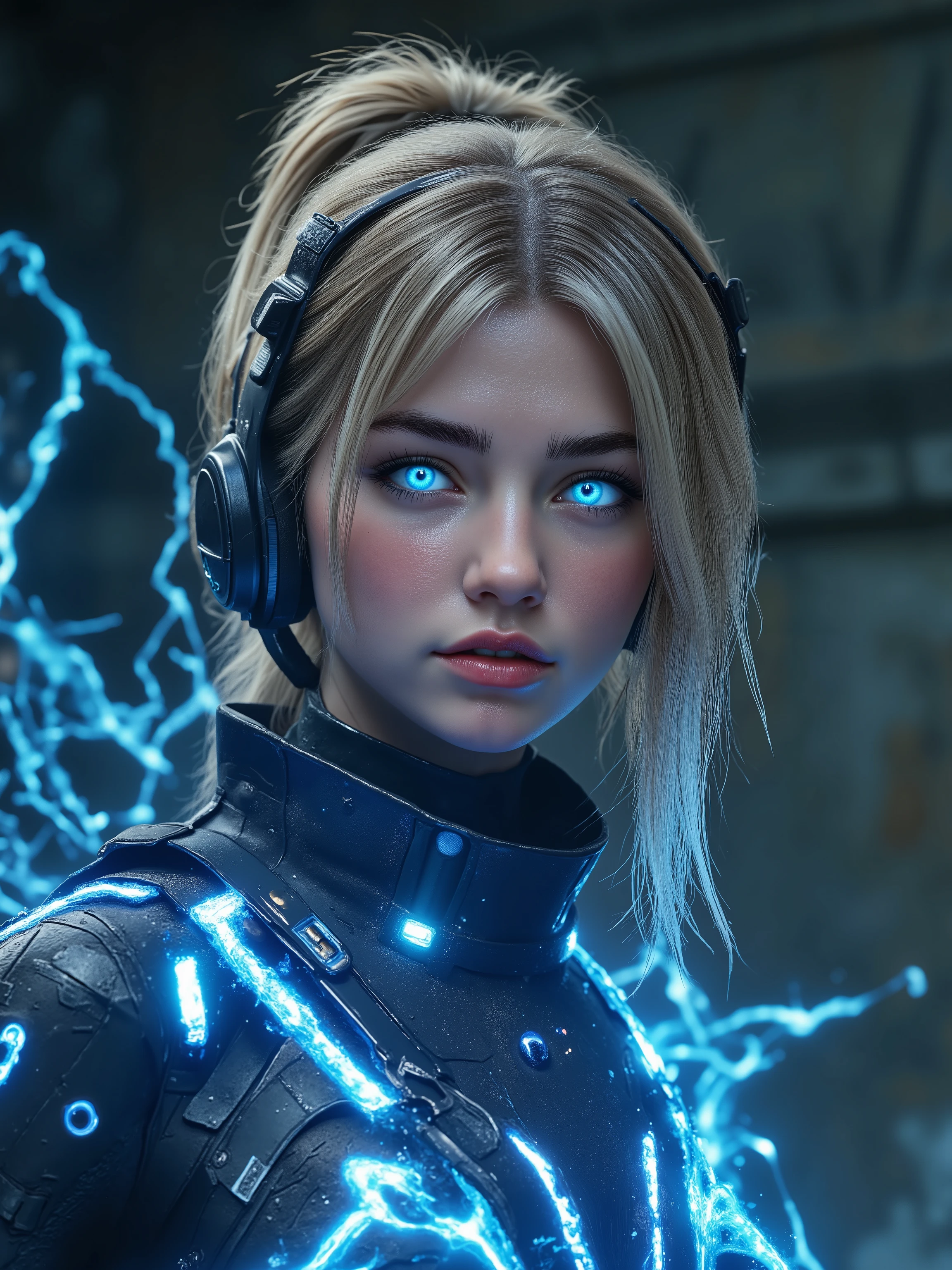 A stunning pretty young lady, blonde hair, a cyberpunk samurai warrior, thunder Blue eyes, high tech warrior, glowing blue fire eyes, longer hair, pony tail, with glowing rifle with blade, gorgeous lady, full body image, glowing tattoos in her skin, glowing skin, Photorealistic, UHD, hyper realistic, goggles on her headset,