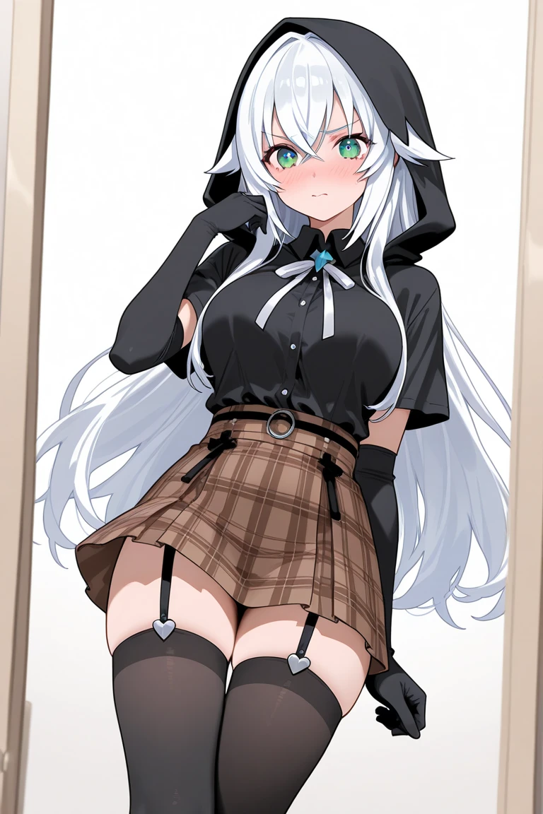 1girl, solo, breasts, looking at viewer, smile, blue eyes, skirt, large breasts, thighhighs, hat, navel, holding, cleavage, tail, full body, white hair, choker, midriff, black thighhighs, miniskirt, crop top, thigh strap, white skirt, goggles, personification, goggles on head, toeless legwear, long hair, breasts, looking at viewer, smile, open mouth, bangs, blue eyes, large breasts, shirt, gloves, hat, hair between eyes, bare shoulders, white shirt, upper body, white hair, :d, sleeveless, elbow gloves, black headwear, goggles, bright pupils, white pupils, goggles on headwear, indoors, model shop, 