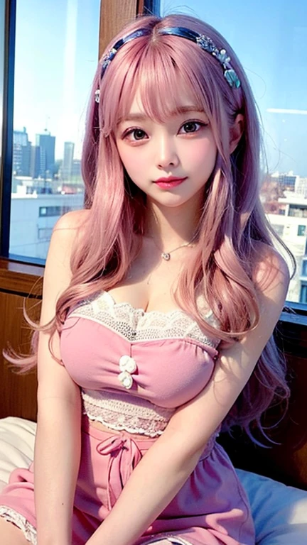 (8K, top-quality, masterpiece:1.2), (reallistic, Photorealsitic:1.37), Super Detail, One girl,), (Highly detailed), (beautifully detailed eyes), (of the highest quality), (super detailed ), (masterpiece), (Detailed face),20yr old, ,1 girl, ((pink hair,long hair)), medium breasts, clothed, Perfect Lighting, BREAK,(colorful glossy bodysuit:1.5), (pink:1.3, yellow:1.3, green:1.3), (star pattern:1.2, heart pattern:1.2), (satin:1.3), (shiny:1.3), (tight:1.3), (halter neck:1.3), (heart-shaped cutout:1.3), (high-waisted shorts:1.3), (frills:1.2), (pink high heels:1.2), (heart earrings:1.2), (ribbon bracelet:1.2), BRAKE, (upper body to thighs:1.3), (long pink hair:1.3), (hair over one shoulder:1.2), (smile expression:1.2), (biting lip:1.2), (looking at viewer:1.2), (looking at camera:1.2), (seiza:1.2), , (hospital background:1.3), (soft lighting:1.2), (light from left:1.2)