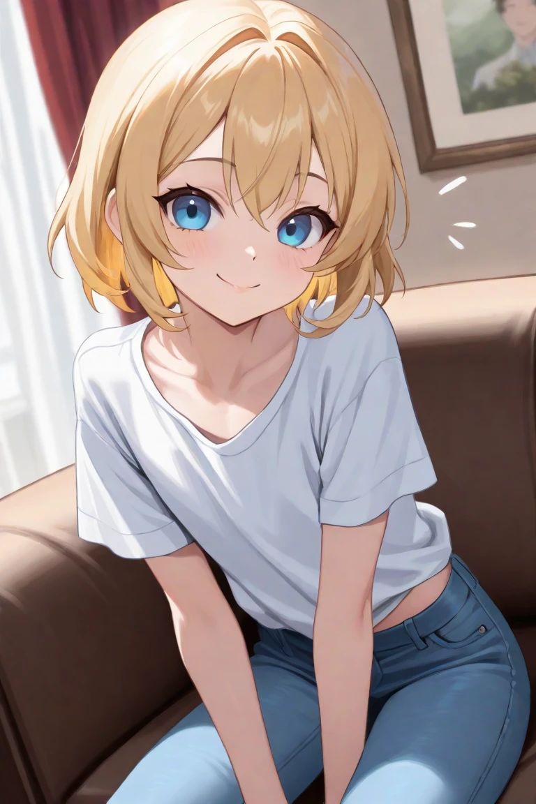 violet evergarden masterpiece, best quality, 1girl, aqua eyes, baseball cap, blonde hair, smile, earrings, green background, brown hair, hoop earrings, jewelry, looking at viewer, shirt, short hair, at the bed room, solo, upper body, yellow shirt, black skirt