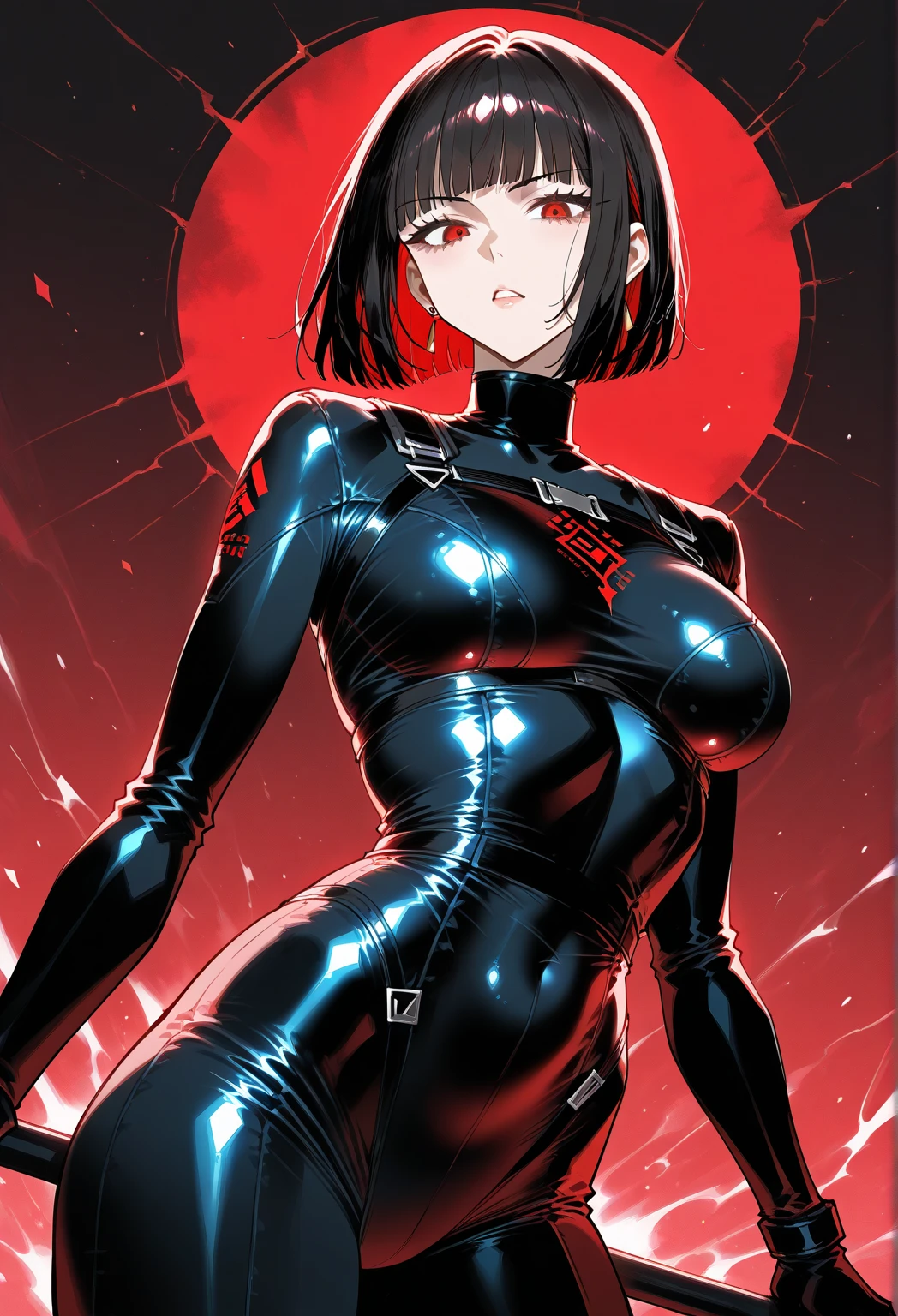 solo, A beautiful girl with short black hair, latex bodysuit, upper body shot, retro anime, black and white, monochrome, red eyes, tattoo's piercings, cute, pin up,