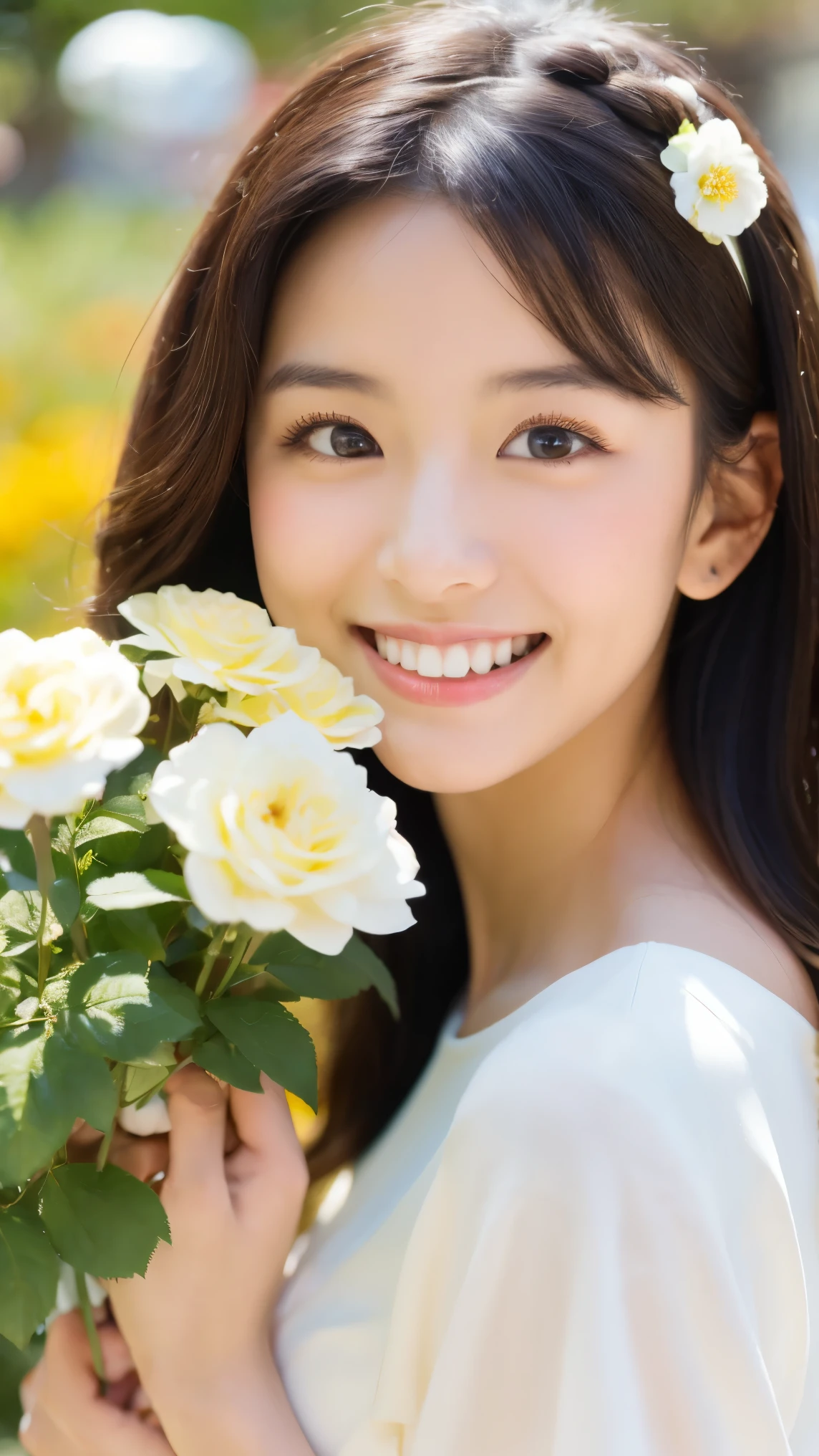 flowercar beauty, A young Asian woman with long wavy hair, wearing a simple hairband and a white top, smiles warmly as she holds a single vibrant flower in her hand. She is leaning out of the open window of a classic white car, which is surrounded by an array of multicolored flowers—roses, daisies, and vibrant wildflowers in shades of pink, purple, yellow, and white. The scene is set in a sunlit countryside during the golden hour, with soft sunlight streaming through the flowers and gently illuminating her joyful expression. The composition is a medium-close portrait, with a shallow depth of field that blurs the background while keeping the focus on her radiant smile and the delicate flower in her hand. The color scheme features fresh whites, bright floral tones, and the soft warmth of sunlight, with textures from the soft petals of the flowers and the silky strands of her hair.