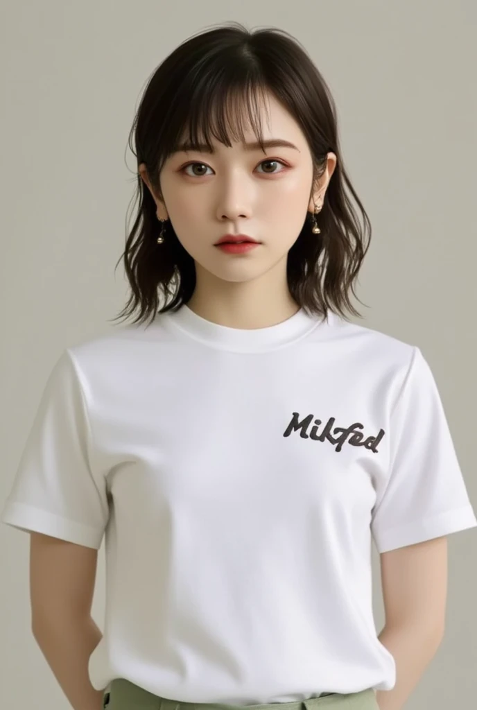 ((Highest quality, 8k, masterpiece :1.3)), 1 person, beautiful woman with slim abs :1.3, (Hairstyle is free :1.2), Short white T-shirt :1.2, Ultra-fine face, Delicate eyes, double eyelid, Underarm,Denim hot pants、Attractive thighs