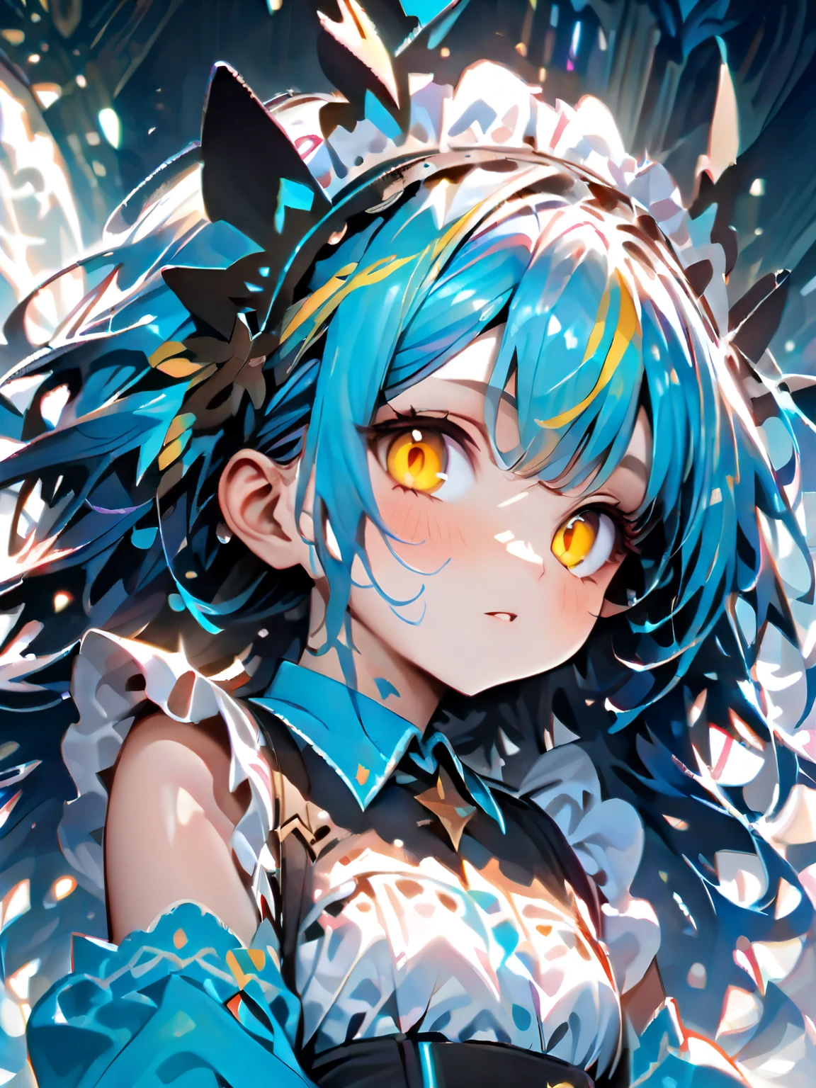 (masterpiece:1.2), (best quality:1.2), (ultra-detailed:1.2), finely detail, perfect anatomy, one girl, Blue and yellow hair, long hair, slit eyes, gradient hair, expressionless face, long, light blue eyelashes,
