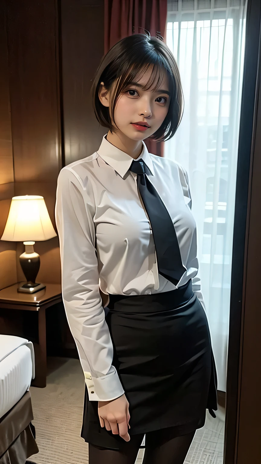 mini skirt、front、white blouse、whole body、((photo taken from below))、Beautiful female police officer、((brown bob hair))、Bedroom