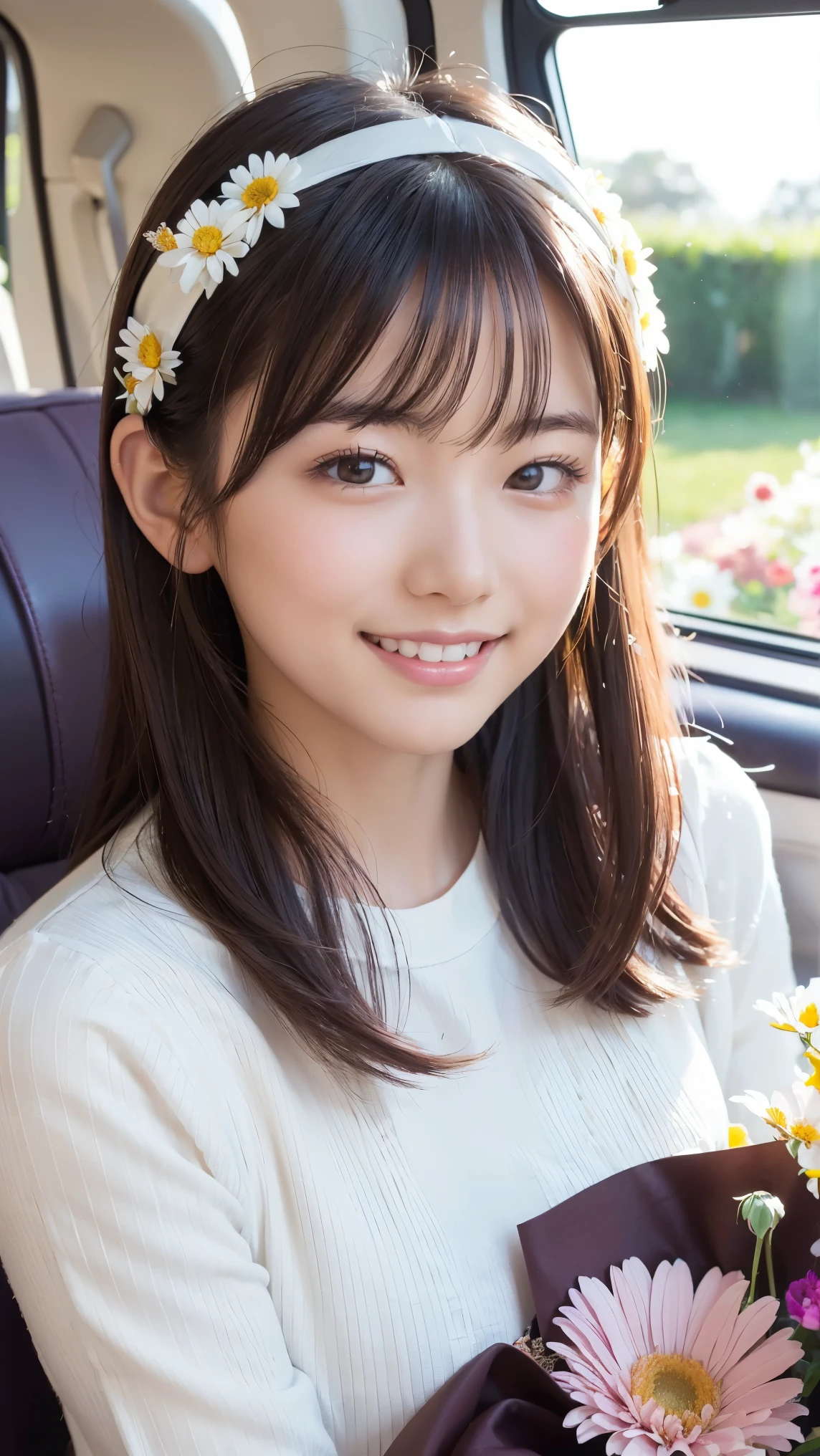 flowercar beauty, A young Asian woman with long wavy hair, wearing a simple hairband and a white top, smiles warmly as she holds a single vibrant flower in her hand. She is leaning out of the open window of a classic white car, which is surrounded by an array of multicolored flowers—roses, daisies, and vibrant wildflowers in shades of pink, purple, yellow, and white. The scene is set in a sunlit countryside during the golden hour, with soft sunlight streaming through the flowers and gently illuminating her joyful expression. The composition is a medium-close portrait, with a shallow depth of field that blurs the background while keeping the focus on her radiant smile and the delicate flower in her hand. The color scheme features fresh whites, bright floral tones, and the soft warmth of sunlight, with textures from the soft petals of the flowers and the silky strands of her hair.