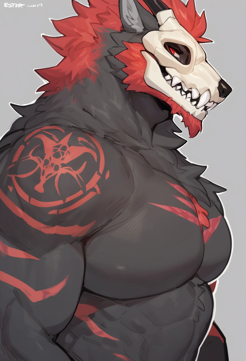 (by zackary911, anime, soft hatching) anthropomorphic, solo, human anatomy, muscular, lean, fit body, naked, nude, abs, biceps, adult, tall, mature, anthro, lean, anime, pecs, masculine, thick neck, muscular neck, thick, (orange eyes, black sclera, skull mask, canine mask, red body, demon, t-rex, saurian, black scales, black chest, black belly, dinosaur, glowing eyes, demon horns, spikey body, spikes, spikes on back, spikes on arms, spikes on shoulders, horns, black body tattoos, red body accents), (loincloth)