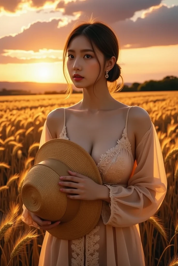 ((masterpiece, best quality, 8 thousand)), (One elegant Italian woman), ((with very little, Exquisitely detailed face)), (Skin that glows with radiance, lifelike texture), ((It&#39;s huge, Splintered breasts:1.3)), (wear extra large, bare sleeve shirt:1.4), (Tangled hair hangs down in cascades, golden blonde waves), (thin, strong thighs), (slim, defined abs), (Sweat drips from her body.), (Standing in the middle of a vast barley field), ((in a traditional way, straw hat)), ((Her body exudes the natural scent of hard work.)), realistic light, (face bright tone), (realistic face), (masterpiece), (very complicated:1.3), (realistic), octane rendering, Unreal Engine, volumetric dtx, (film grain, bokeh),