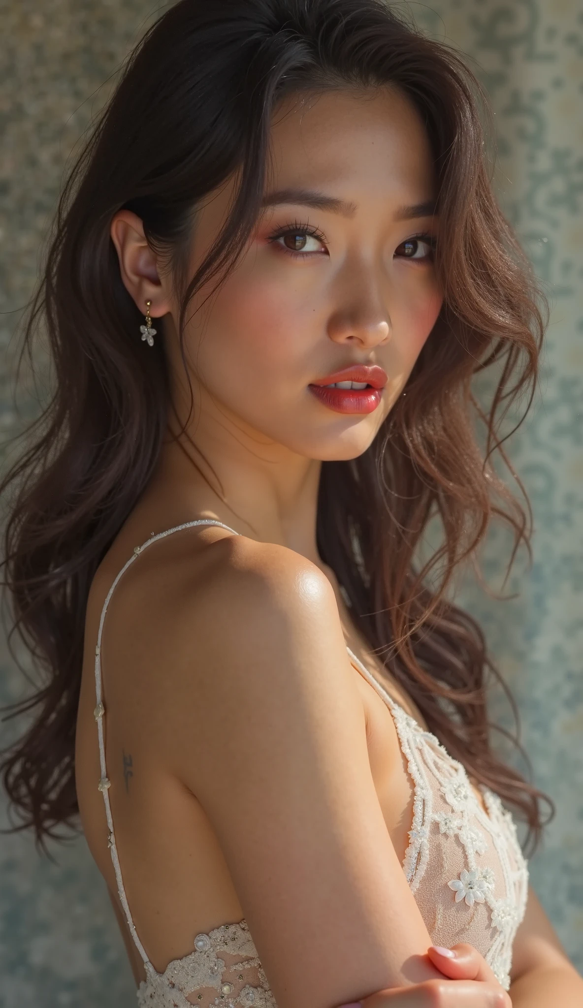 a beautiful stylish female idol, glossy lipstick, smiling face, defined eyebrows, natural makeup, long eyelashes, full body, sheer latex dress, colorful hair, (best quality,4k,8k,highres,masterpiece:1.2),ultra-detailed,(realistic,photorealistic,photo-realistic:1.37),nsfw,lesbian,vivid colors