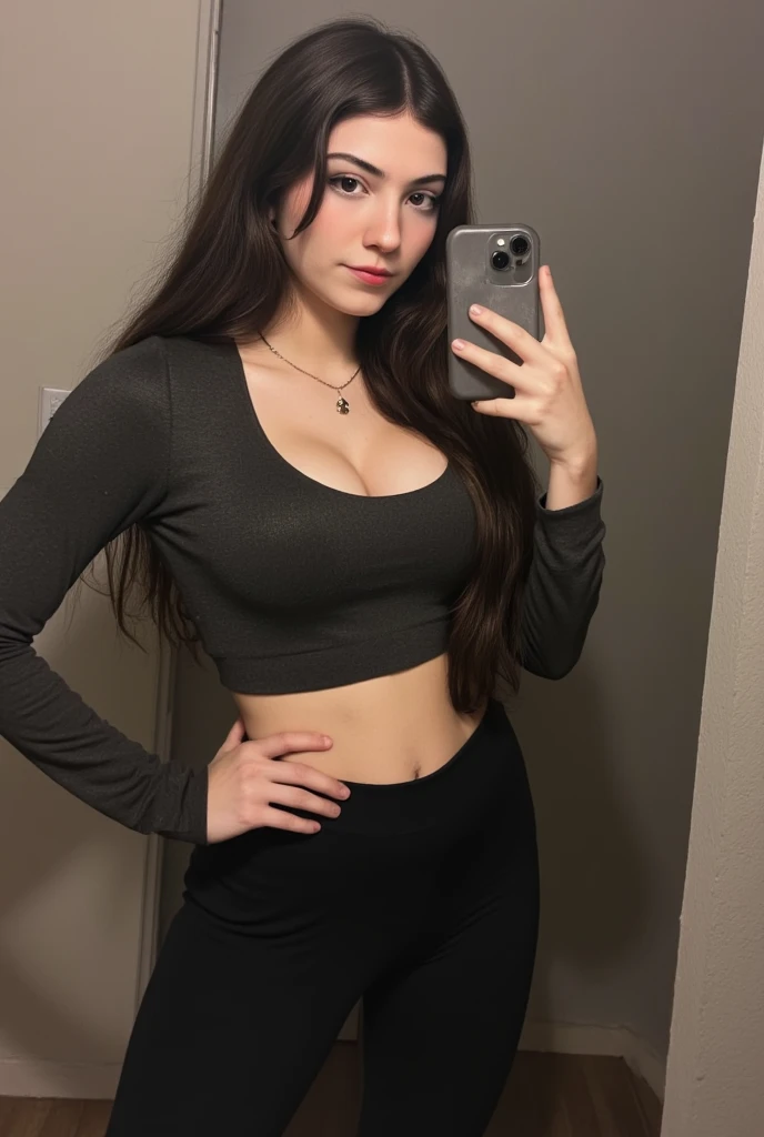 Selfie with VERY serious face, dressed in crop top