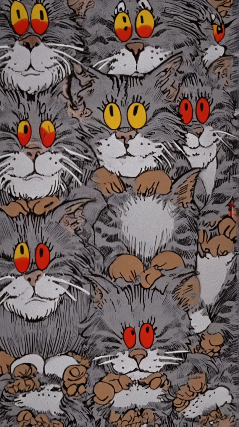 In individual Comic-Style: All in extreme 3D, in full body, all in extreme spirals, all in extreme fractals. The original Hippie Persian cat with beautiful big great eyes and a beautiful hippy comic face, in complete full body. Expressionist abstract masterpiece by Dali depicting a jumble of a Comic Persian cat bodies in a new and completely original way, perfect composition, highly detailed, overloaded, very emotional yet funny, best textured, layered, 8k, eyes, paws. Very Ultra Action painting, dramatic yet confident, in Picasso's and Peter Gric's art in a mix, all in 3D, all in hyper-rendering, all in 1× zoom out in 3D in 3K, masterpiece, ray tracing, illustration, Ghibli-style colors, pixel richness, ultra best pop art, Unreal Engine, ultra funny, Filmische Beleuchtungseffekte, Film, Op-Art, in totaly Hippie-Style,