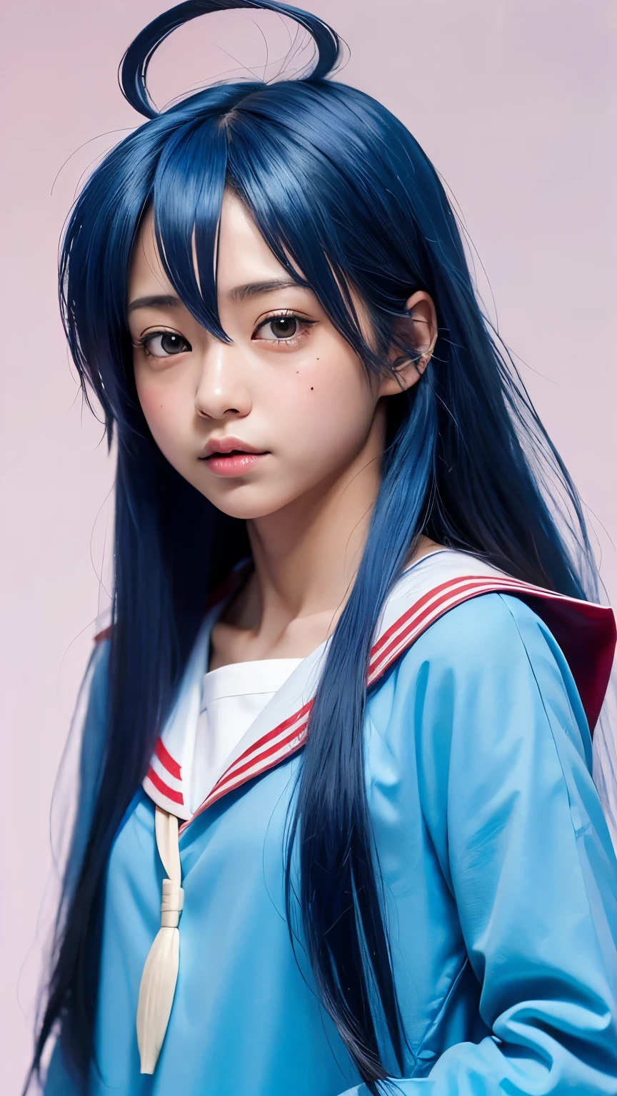 1girl、full body、realistic、(((greatest masterpiece、top quality、high resolution)))、Professional Lighting、Japanese、cute、small、thin、Izumi Konata cosplay、long blue hair、stupid hair、sailor suits、anatomically accurate、simple background