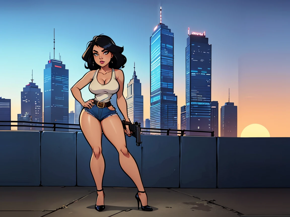 Masterpiece, best quality, Masterpiece, best quality, 1 woman, wavy brown hair, sunglasses , sly face , pink bikini , abdomen, big breasts , Long legs , stand on your hips , city center , building , Baseball bat slung over shoulder
