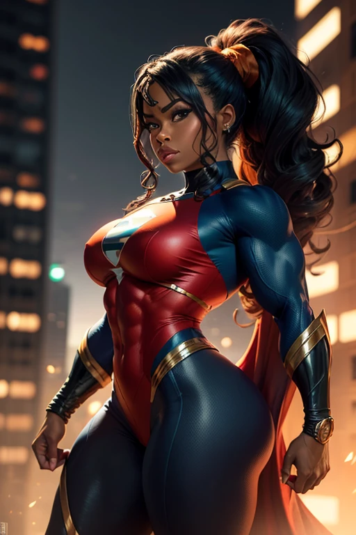 Khamala,brown eyes,dark brown hair,lips,standing,upper body, blush, cameltoe, covered nipples,
blue domino mask, red scarf, red and blue bodysuit lightning bolt symbol, tight, cleavage,
city, giantess, solo, arms up,
(insanely detailed, beautiful detailed face, masterpiece, best quality),
<lora:Khamalakhan-10v7:0.8>