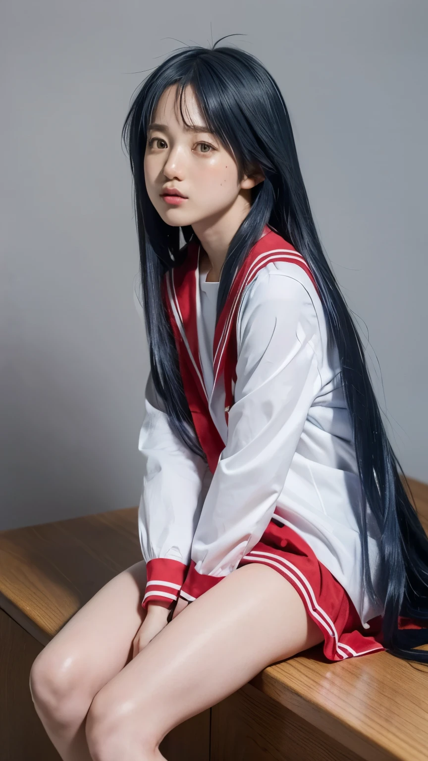 1girl、full body、realistic、(((greatest masterpiece、top quality、high resolution)))、Professional Lighting、Japanese、cute、small、thin、Ayaka Hironaka、Izumi Konata cosplay、((long blue hair、stupid hair))、red sailor suit、sit with legs open、Panties Are Visible、anatomically accurate、simple background